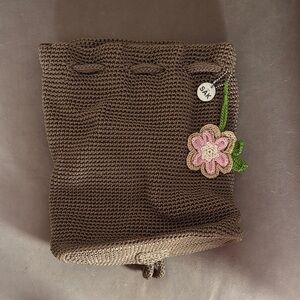 The Sak Tan Crochet Bag with Pink Floral Detail